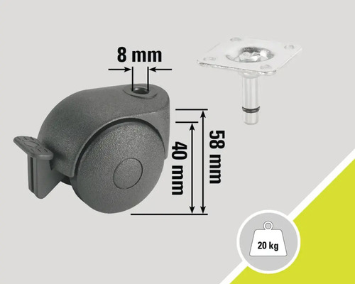 Nábytkové kolečko s brzdou, průměr čepu 8 milimetrů, průměr kola 40 milimetrů, délka čepu 58 milimetrů, nosnost 20 kilogramů