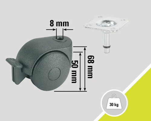 Nábytkové kolečko s aretační brzdou a upevňovací deskou, nosnost do 30 kilogramů, průměr 50 milimetrů