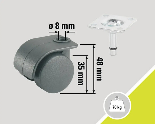 Nábytkové kolečko s deskou, nosnost 70 kilogramů, průměr 8 milimetrů, výška 48 milimetrů