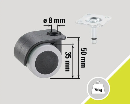 Nábytkové kolečko s čepem, výška 50 mm a nosnost 70 kilogramů