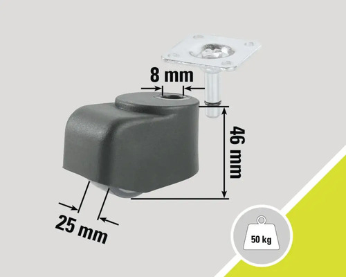 Nábytkové kolečko s destičkou, nosnost 50 kilogramů a rozměrové údaje