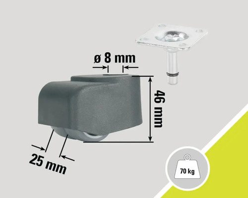 Nábytkové kolečko s destičkou a technickými detaily: průměr kolečka 25 mm, průměr čepu 8 mm, stavební výška 46 mm a nosnost 70 kg