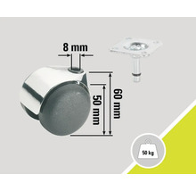 Nábytkové kolečko s nosností 50 kilogramů, výškou 60 milimetrů a průměrem čepu 8 milimetrů