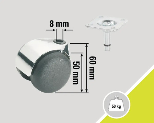 Nábytkové kolečko s nosností 50 kilogramů, výškou 60 milimetrů a průměrem čepu 8 milimetrů