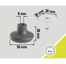 Nábytková noha s rozměry 50 milimetrů, 8 milimetrů a 38 milimetrů, nosnost 20 kilogramů