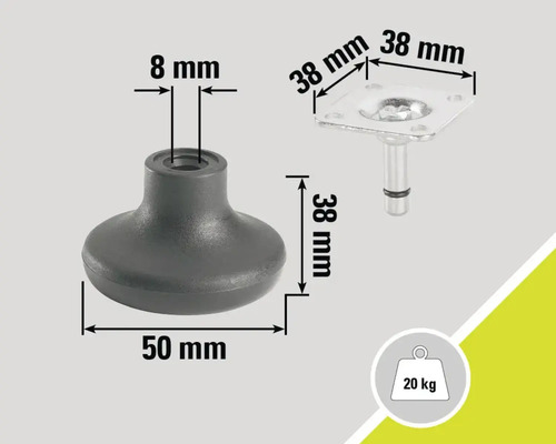 Nábytková noha s rozměry 50 milimetrů, 8 milimetrů a 38 milimetrů, nosnost 20 kilogramů