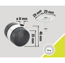 Nábytkové kolečko s destičkou a technickými rozměry, nosnost 50 kilogramů