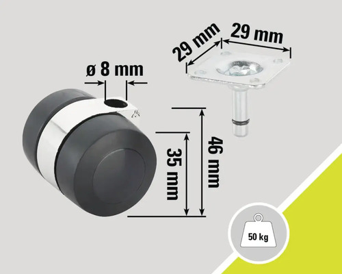 Nábytkové kolečko s destičkou a technickými rozměry, nosnost 50 kilogramů