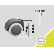 Kolečko ke židli o rozměrech 50 milimetrů krát 60 milimetrů, šroub o průměru 10 milimetrů a nosnosti do 40 kilogramů