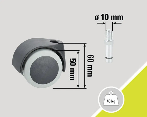 Kolečko ke židli o rozměrech 50 milimetrů krát 60 milimetrů, šroub o průměru 10 milimetrů a nosnosti do 40 kilogramů