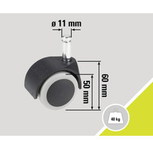 Kolečko ke židli o průměru 11 mm, velikosti kolečka 50 mm, výšce 60 mm a maximální nosnosti 40 kg