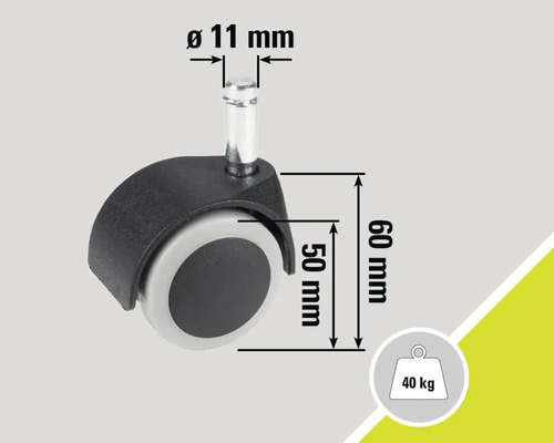 Kolečko ke židli o průměru 11 mm, velikosti kolečka 50 mm, výšce 60 mm a maximální nosnosti 40 kg