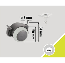 Nábytkové kolečko s brzdou a informacemi o rozměrech a nosnosti