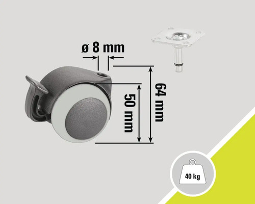 Nábytkové kolečko s brzdou a informacemi o rozměrech a nosnosti