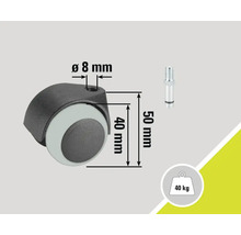 Nábytkové kolečko s čepem a nosností 40 kilogramů, průměr osm milimetrů
