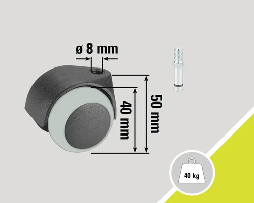 Nábytkové kolečko s čepem a nosností 40 kilogramů, průměr osm milimetrů