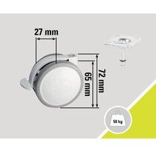 Nábytkové kolečko s parkovací brzdou a rozměry 27 mm, 65 mm a 72 mm, maximální nosnost 50 kilogramů