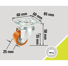 Kolečko s destičkou a rozměry 60 mm, 85 mm, 58 mm, 35 mm a 25 mm, maximální nosnost 100 kg