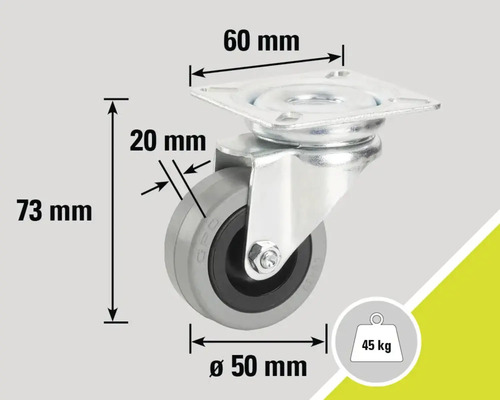 "Otočné kolečko s rozměry 73 mm výška, 50 mm průměr kola, 20 mm šířka kola a 60 mm rozměr desky