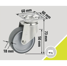 Otočné kolečko s rozměry 60 mm, 18 mm a 73 mm a nosností 40 kg