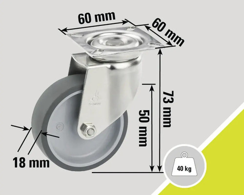 Otočné kolečko s rozměry 60 mm, 18 mm a 73 mm a nosností 40 kg