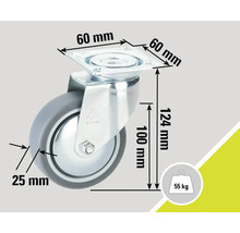 Otočné kolečko s nosností 55 kilogramů a rozměry 60 x 60 milimetrů, 124 milimetrů a 25 milimetrů