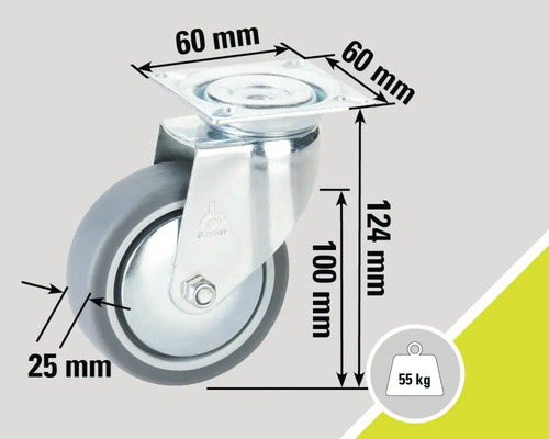 Otočné kolečko s nosností 55 kilogramů a rozměry 60 x 60 milimetrů, 124 milimetrů a 25 milimetrů