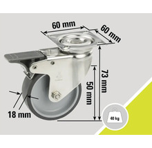Otočné kolečko s brzdou a rozměry: montážní deska 60 mm, tloušťka kola 18 mm, stavební výška 73 mm, nosnost 40 kg