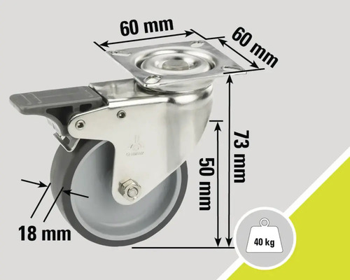 Otočné kolečko s brzdou a rozměry: montážní deska 60 mm, tloušťka kola 18 mm, stavební výška 73 mm, nosnost 40 kg