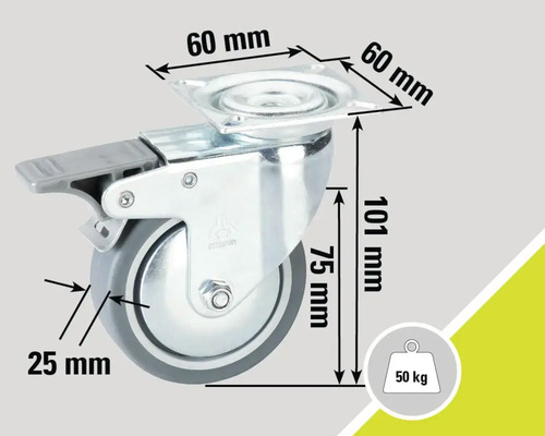 Nábytkové kolečko s brzdou, rozměry 60 x 60 x 101 mm, nosnost 50 kg