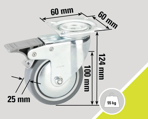 Otočné kolečko s brzdou a rozměry: deska 60 mm x 60 mm, výška 124 mm, průměr kola 100 mm, šířka kola 25 mm, nosnost 55 kg