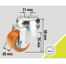 Otočné kolečko s rozměry 58 mm výška, 25 mm průměr kola a 11 mm průměr otvoru, nosnost 100 kg