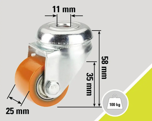 Otočné kolečko s rozměry 58 mm výška, 25 mm průměr kola a 11 mm průměr otvoru, nosnost 100 kg