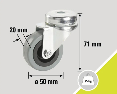 Otočné kolečko o rozměrech 50 mm v průměru, 20 mm šířka a 71 mm výška, nosnost 45 kg