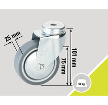 Otočné kolečko o průměru 75 milimetrů a nosností 50 kilogramů.