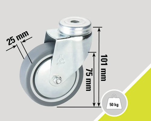 Otočné kolečko o průměru 75 milimetrů a nosností 50 kilogramů.