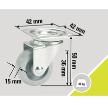 Otočné kolečko s rozměry montážní desky 42 mm x 42 mm a výškou 50 mm, nosnost 35 kg