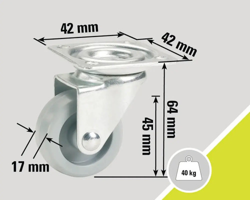 Nábytkové kolečko s nosností 40 kilogramů a rozměry 42 x 42 x 64 milimetrů