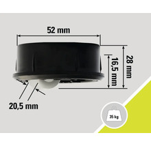 Technický nákres otočného kolečka o rozměrech 52 mm, 28 mm, 16,5 mm a 20,5 mm a nosnosti 35 kg