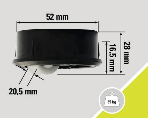 Technický nákres otočného kolečka o rozměrech 52 mm, 28 mm, 16,5 mm a 20,5 mm a nosnosti 35 kg