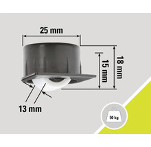 Nábytkové kolečko s nosností 50 kilogramů a rozměry 25 mm x 18 mm x 15 mm x 13 mm