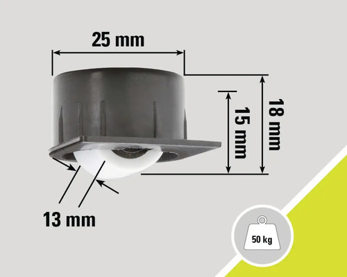 Nábytkové kolečko s nosností 50 kilogramů a rozměry 25 mm x 18 mm x 15 mm x 13 mm