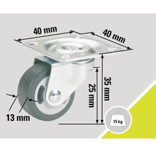 Otočné kolečko o rozměrech 40 x 40 mm, výšce 35 mm a nosnosti 15 kg