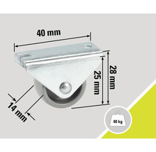 Kolečko s deskou a rozměry 40 mm, 28 mm a 14 mm. Nosnost až 40 kg.
