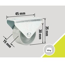 Otočné kolečko s nosností 45 kilogramů a rozměry 45 mm, 35 mm, 30 mm a 15 mm.