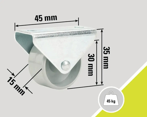 Otočné kolečko s nosností 45 kilogramů a rozměry 45 mm, 35 mm, 30 mm a 15 mm.