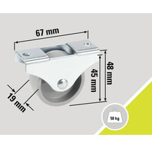 Kolečko s nosností 50 kilogramů a údaji o velikosti