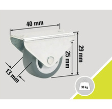 Kolečko s nosností 30 kilogramů a rozměry 40 x 29 milimetrů.