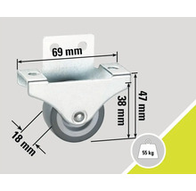 Nábytkové kolečko s pouzdrem a rozměry 69 mm, 47 mm a 18 mm, nosnost 55 kg