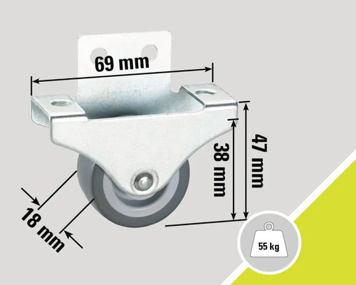 Nábytkové kolečko s pouzdrem a rozměry 69 mm, 47 mm a 18 mm, nosnost 55 kg